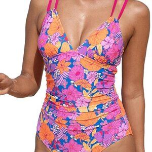 NWT CUPSHE Pink Floral Plunging Ruched One-Piece Bathing Suit Size Large